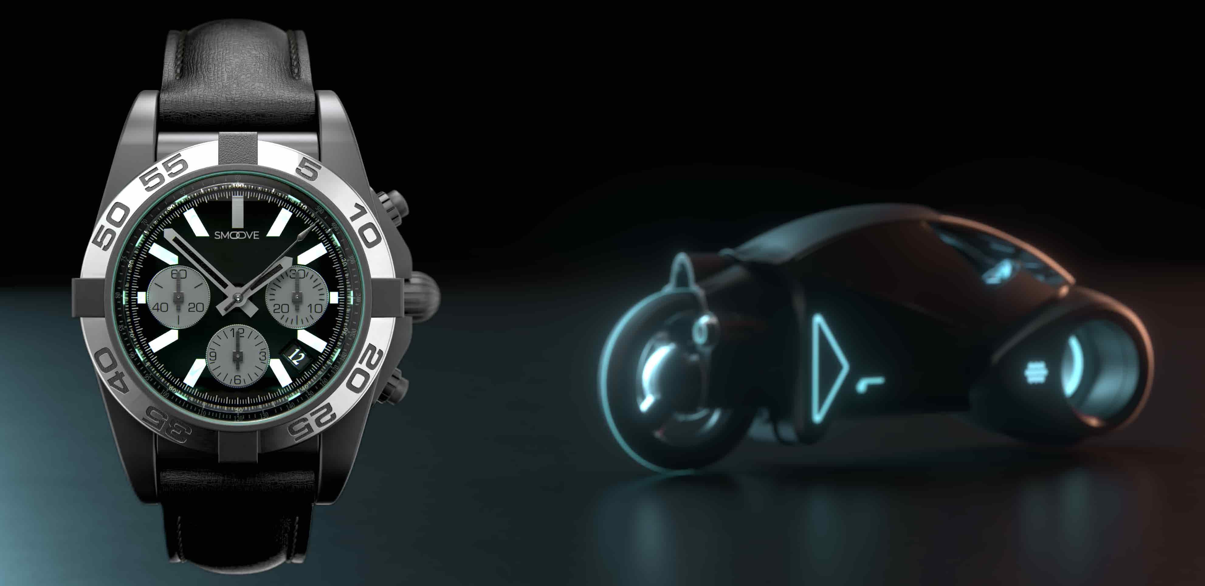 a watch and the smoove motorcycle on a dark background with blue light