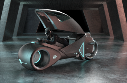 the motorcycle with a person inside on a grey background
